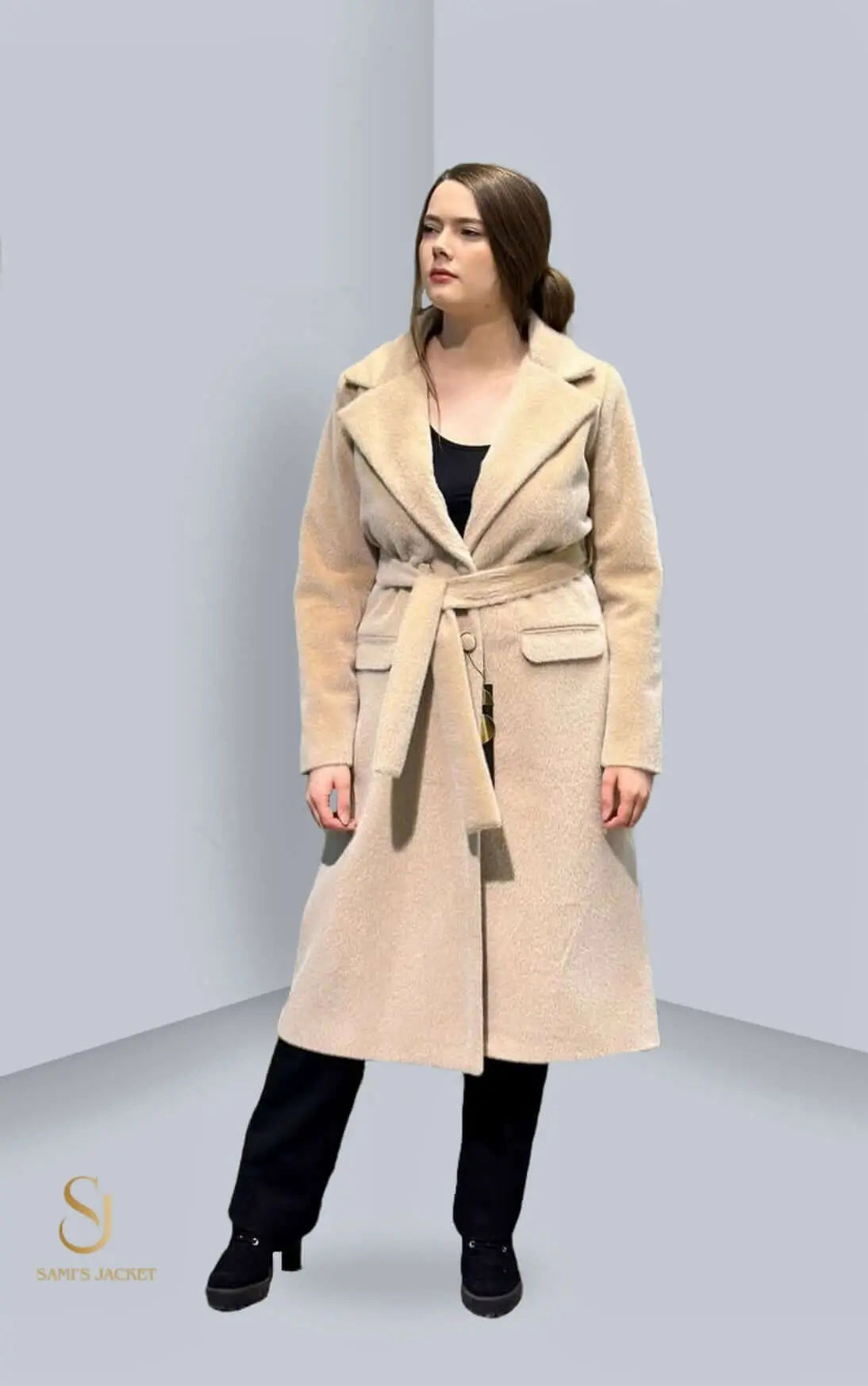 Stylish women's beige belted coat showcasing a tailored fit, perfect for colder seasons and versatile layering options.