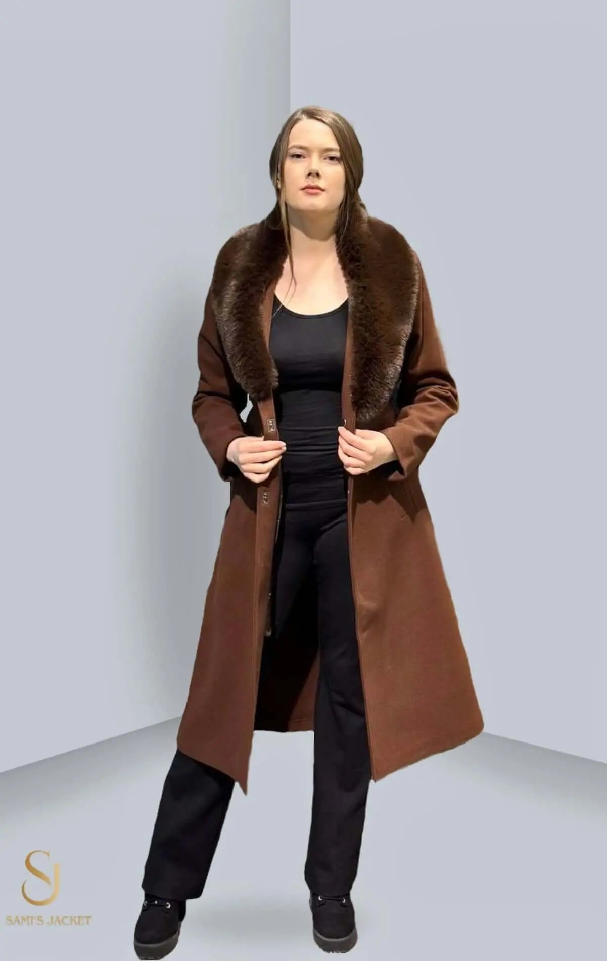 Model 1023 brown winter coat with fur collar, perfect for stylish layering in colder seasons.