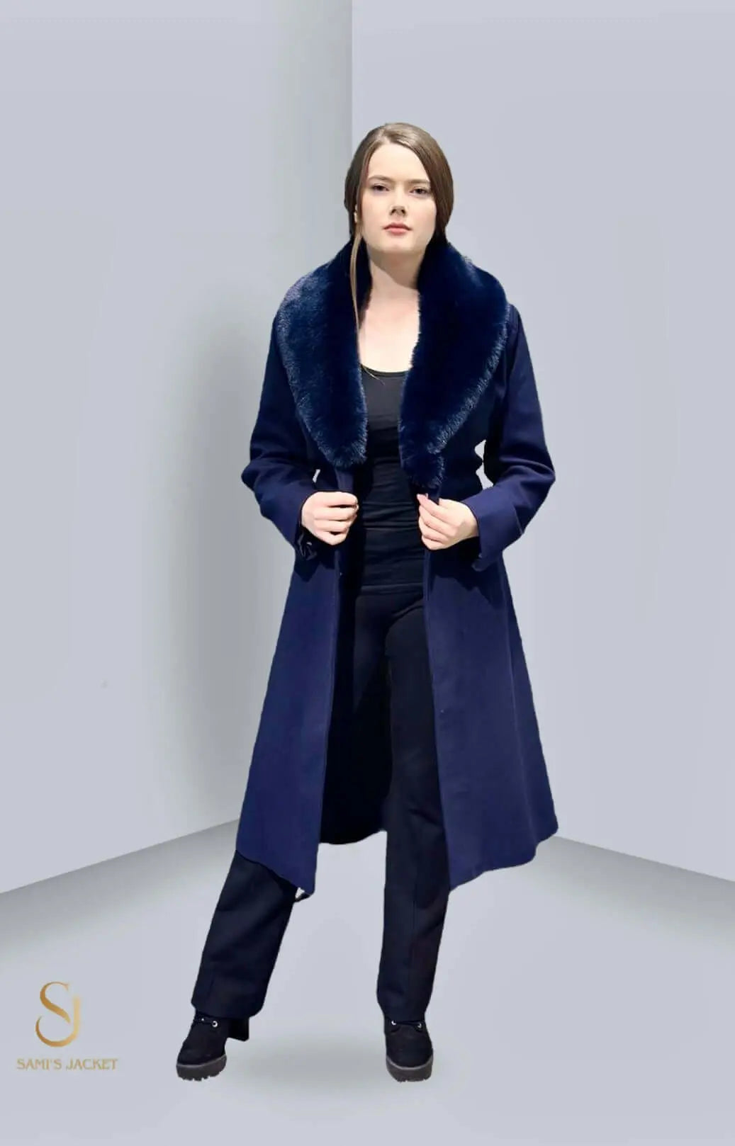 Woman wearing the stylish Model 1023 jacket with a fur collar, showcasing winter fashion for women.