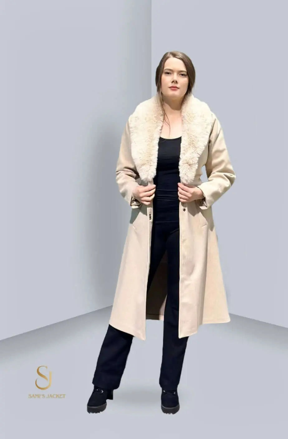 Model wearing a stylish beige winter jacket with a fur collar, perfect for women seeking comfort and fashion.