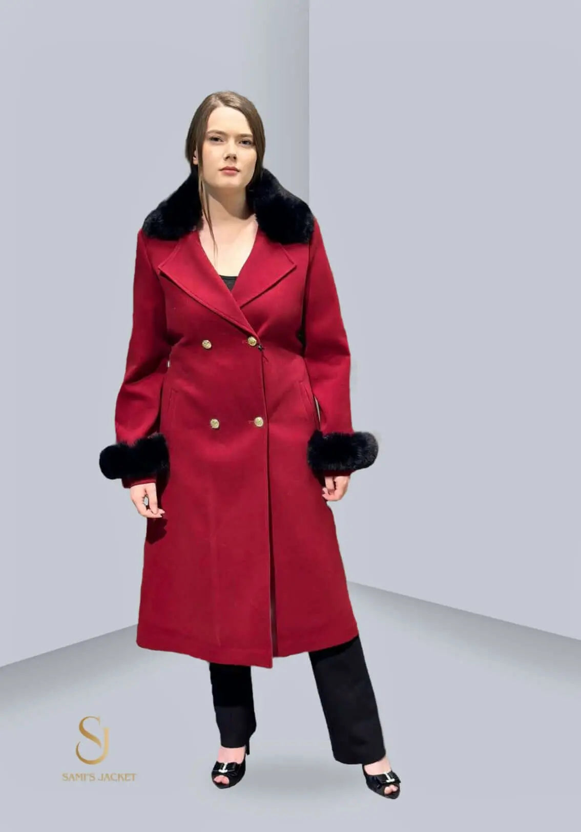 Stylish women's red winter jacket with faux fur details, perfect for casual or formal occasions.