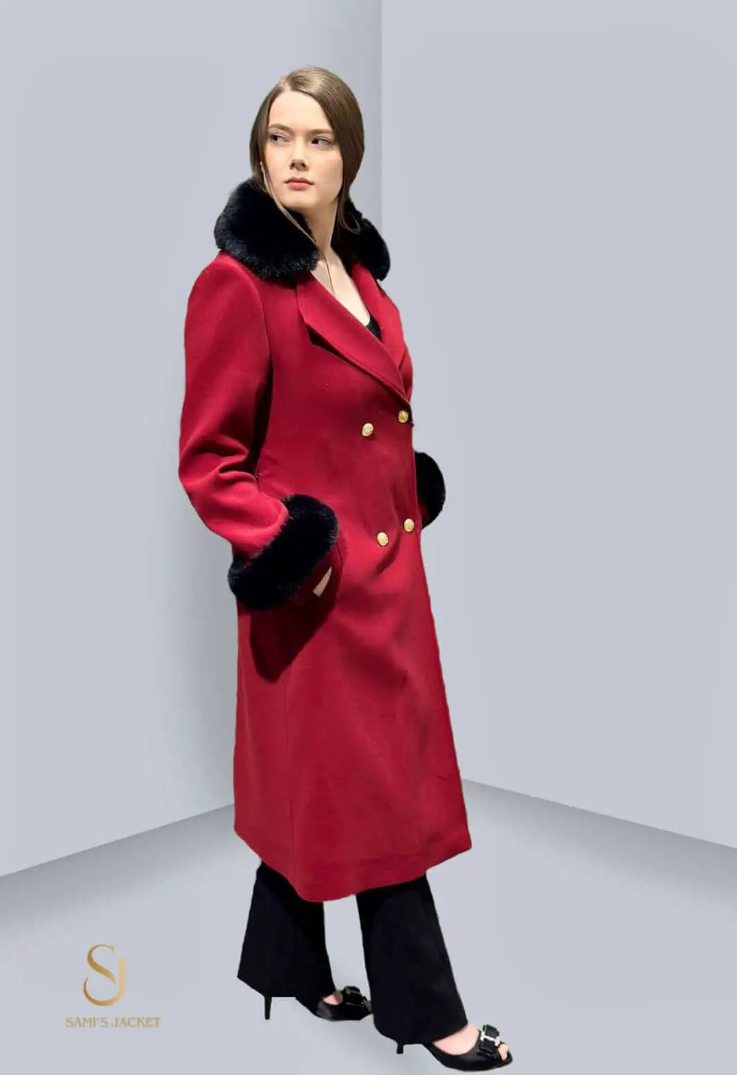 Stylish red winter coat with black fur collar, perfect for trendy women's outerwear and cold weather fashion.