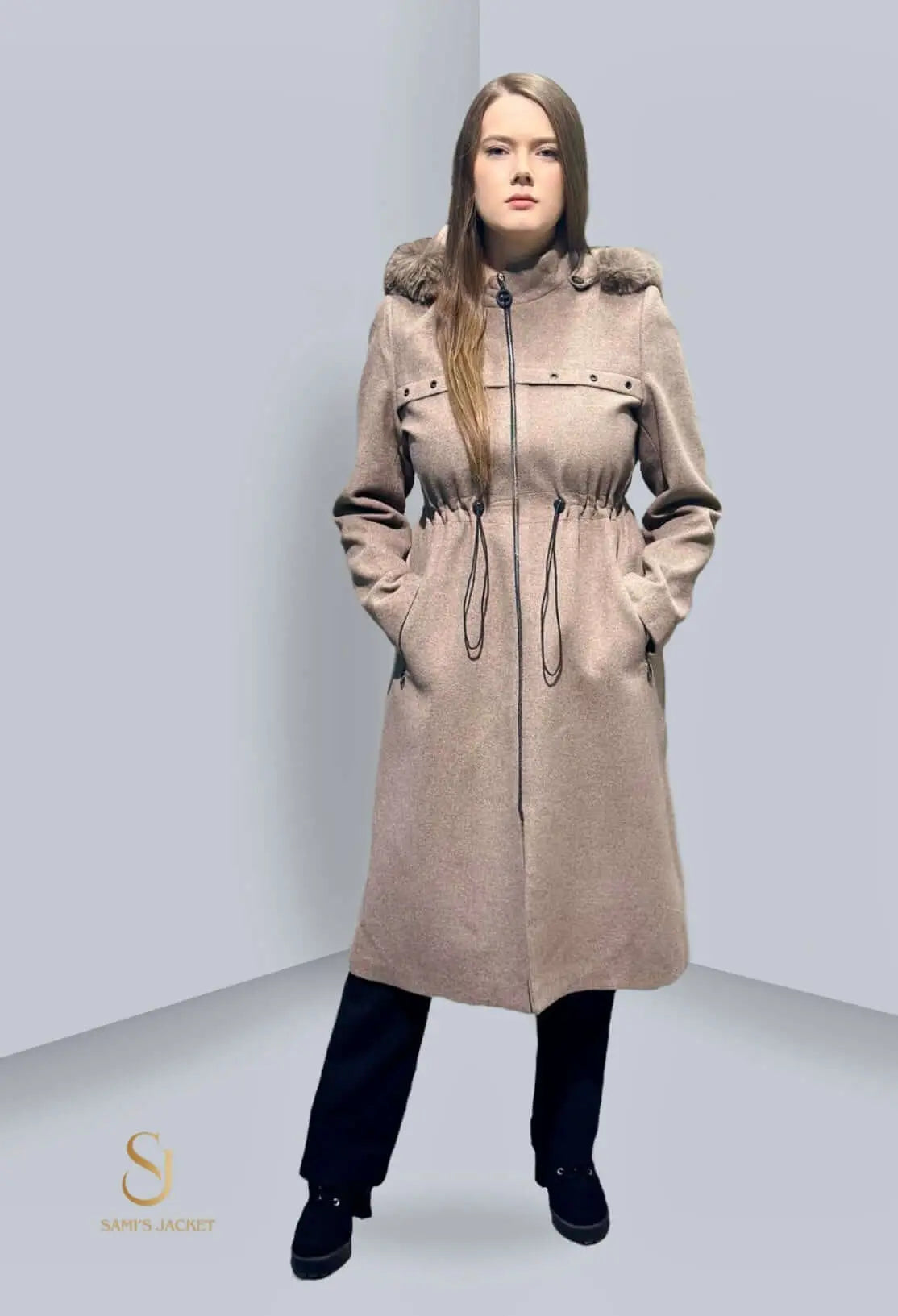 Stylish Model 1026 jacket featuring a drawstring waist and fur hood, perfect for winter fashion and warmth for women.