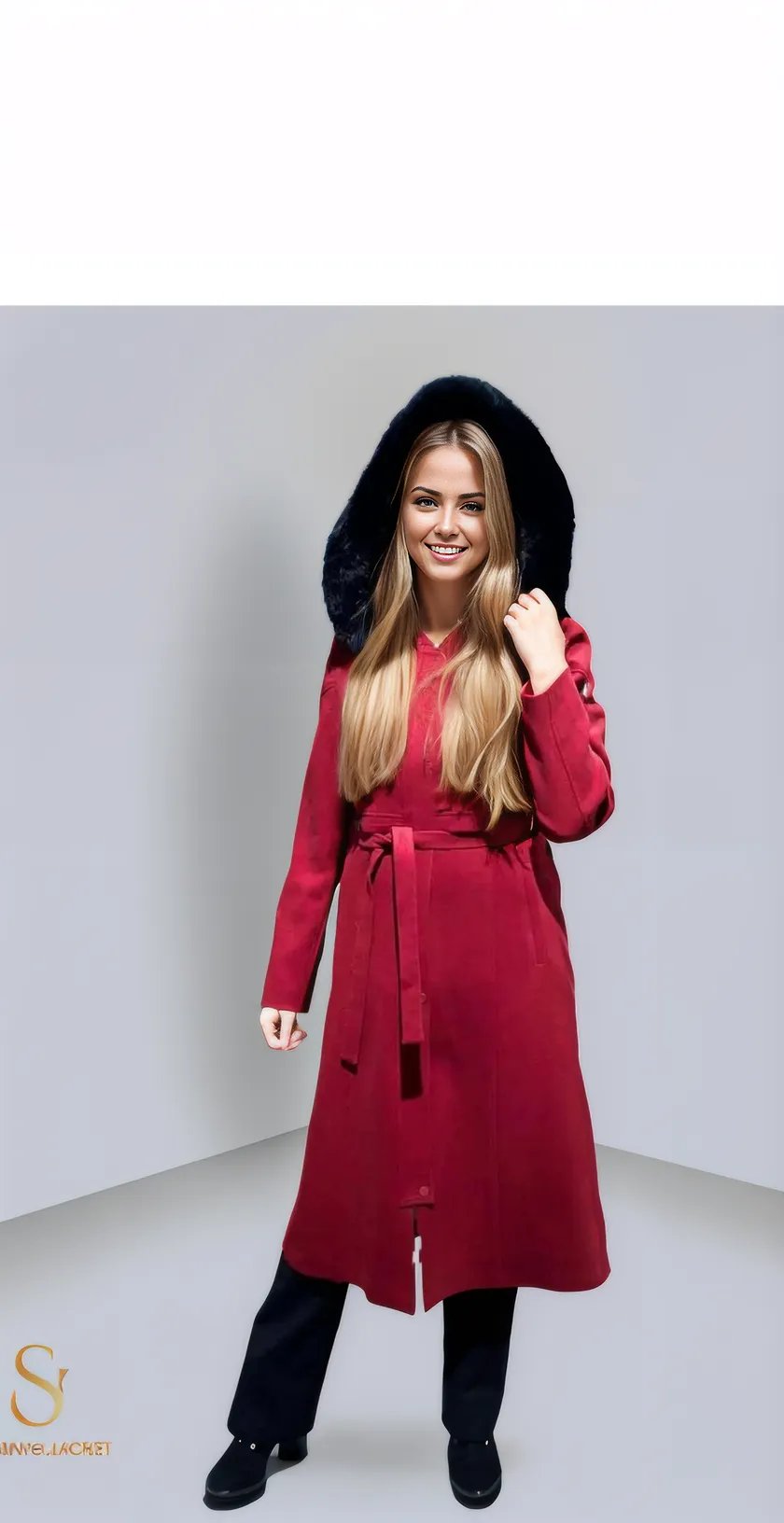 Stylish red winter jacket with a belt and fur hood, perfect for women, showcasing modern fashion and comfort for colder seasons.