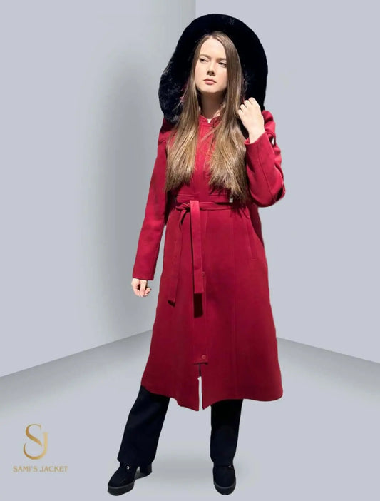 Stylish red winter jacket with a belt and fur hood, perfect for women, showcasing modern fashion and comfort for colder seasons.