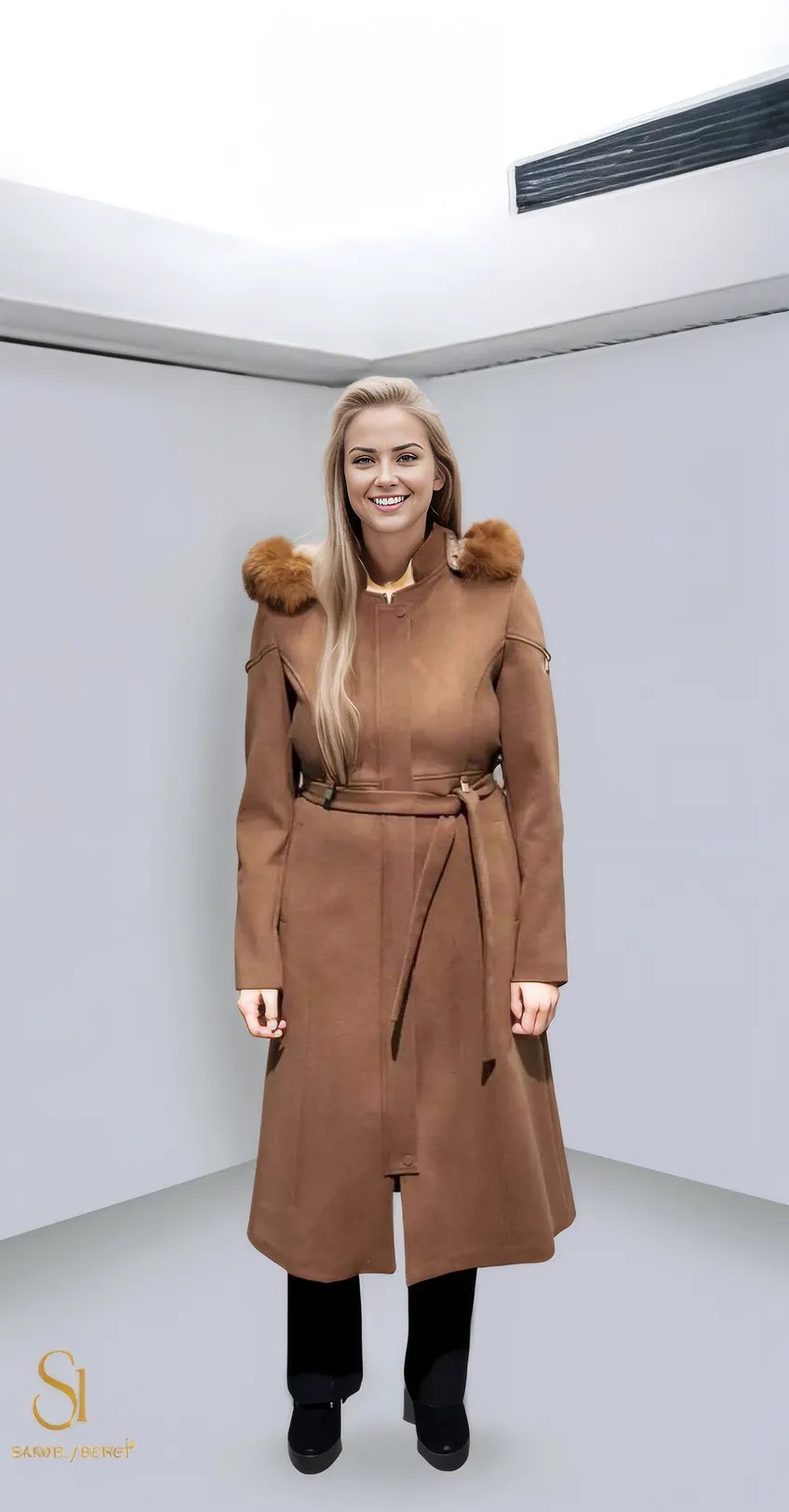 Model 1019 stylish brown winter jacket with fur trim, designed for women, showcasing modern tailored fit and warmth.