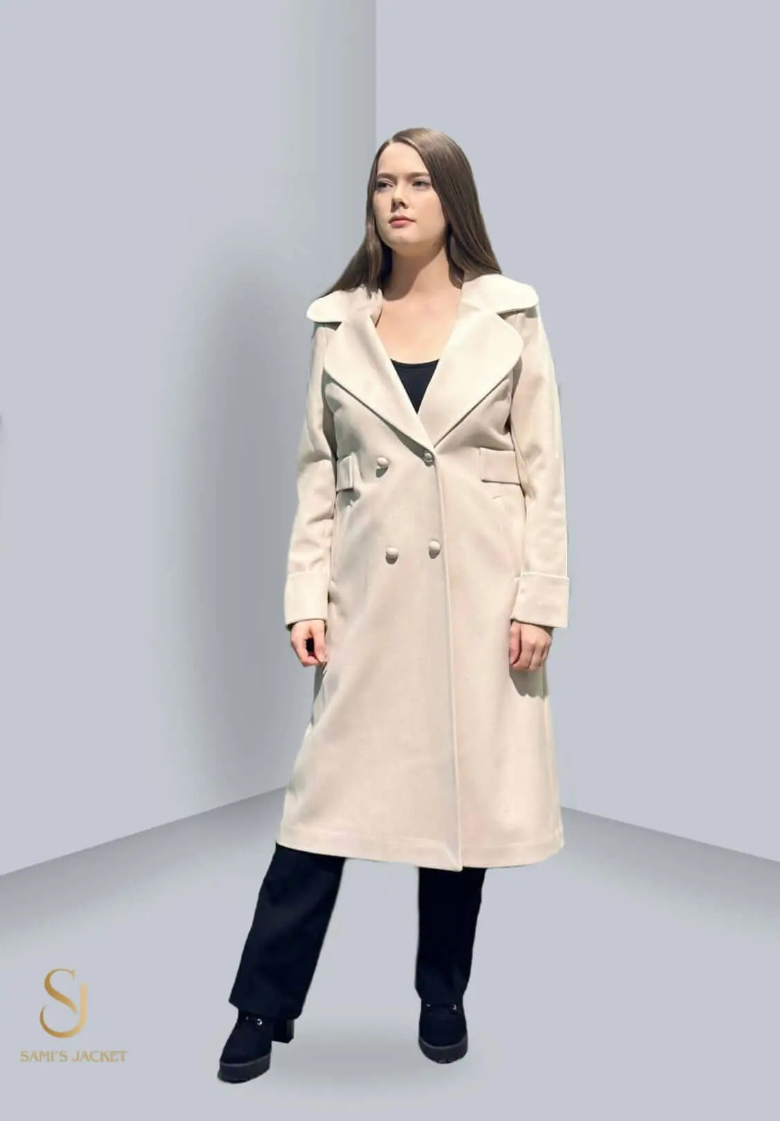 Stylish woman in a beige tailored winter coat, showcasing modern design and perfect fit for winter fashion.