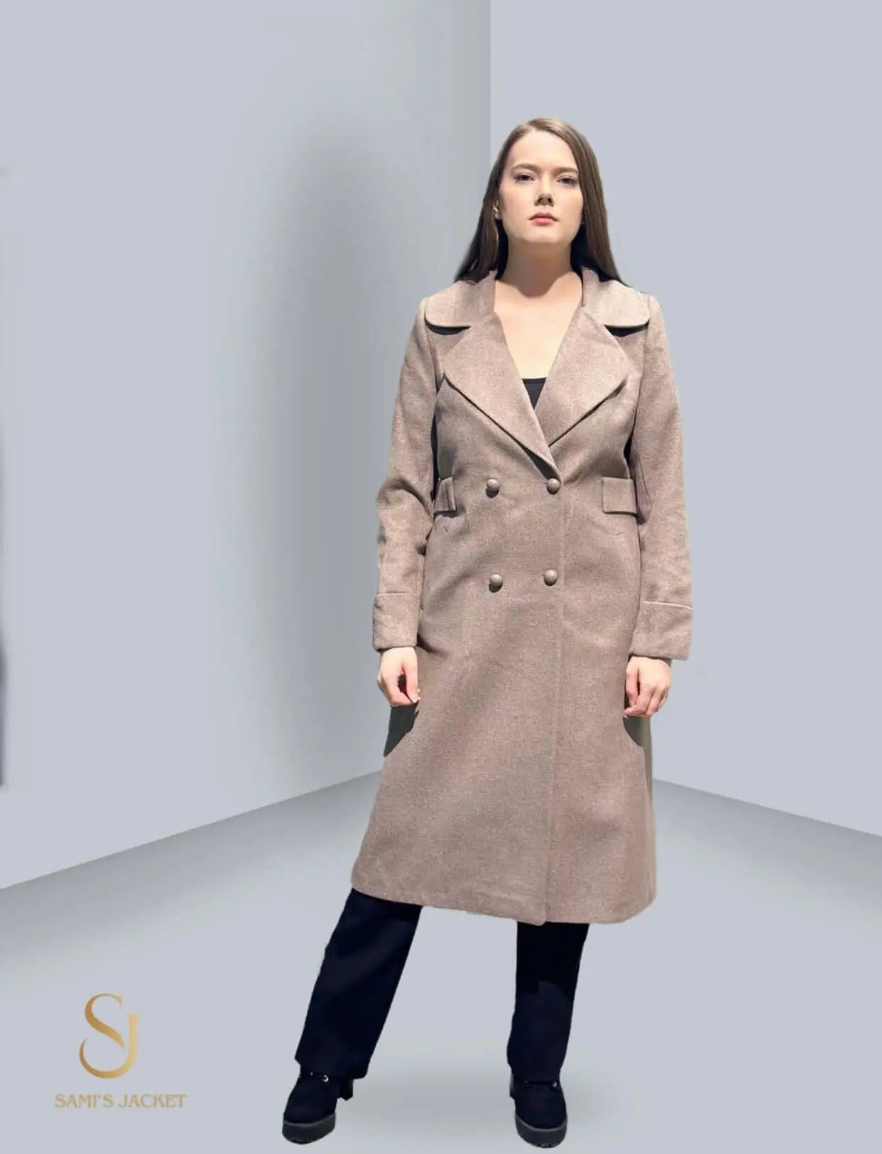 Model 1028 stylish winter jacket in beige on a model, perfect for women's winter fashion and layering.