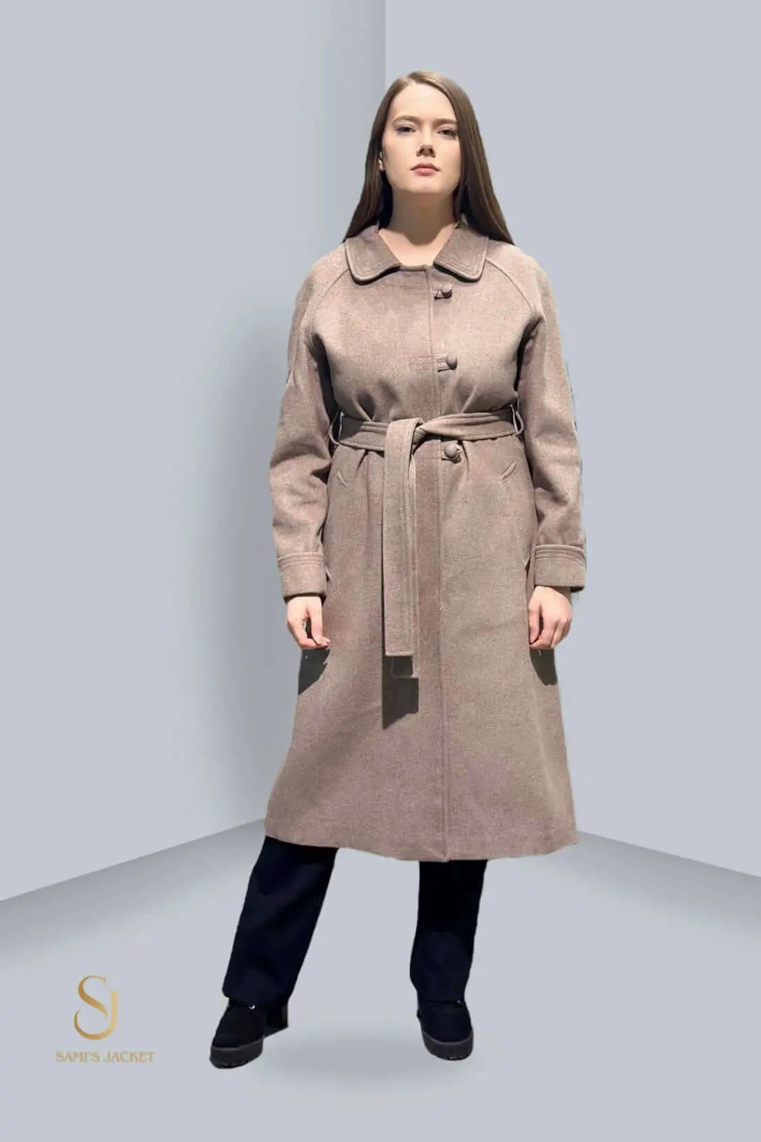 Stylish women's winter coat with belt, perfect for layering and casual to formal outings. Ideal for colder seasons.