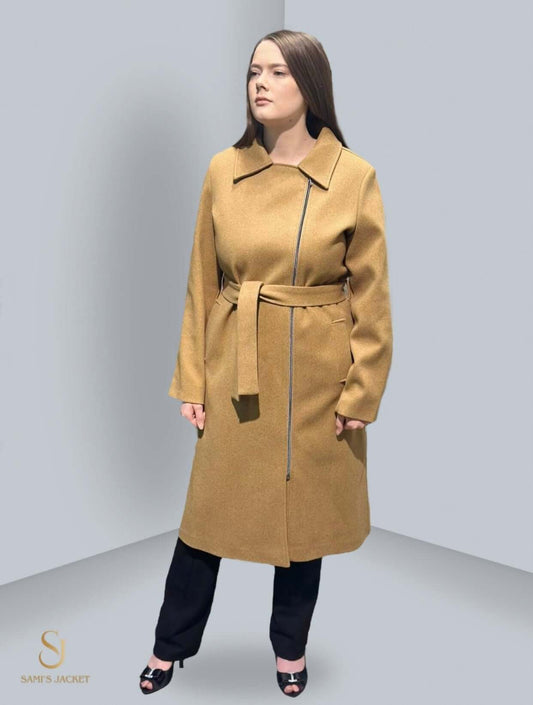 Women's stylish beige teddy coat with belt, perfect for layering and cold weather fashion.