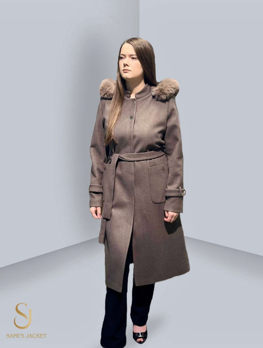 Stylish women's winter jacket with fur collar, perfect for casual and formal occasions, showcased on a model.