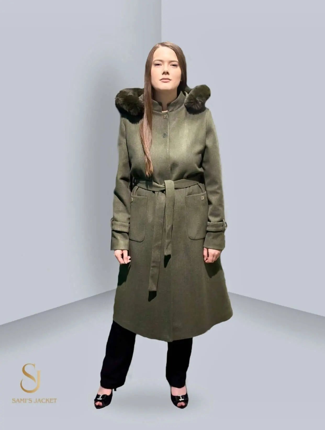 Model 1013 stylish green hooded winter jacket with fur accents, perfect for women's winter fashion and layering.