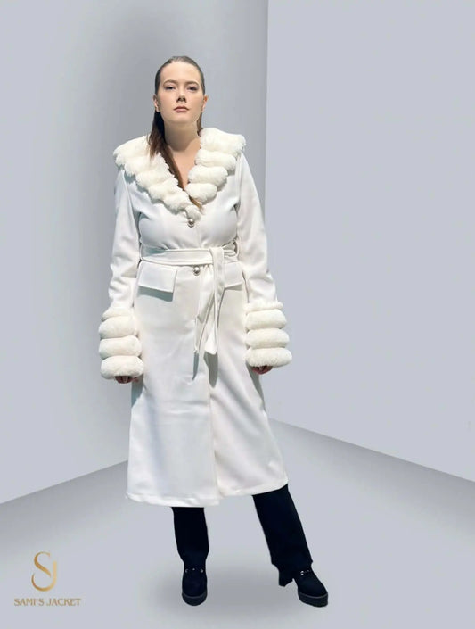 Elegant white winter coat with luxurious fur cuffs and collar, designed for stylish women. Perfect for cold weather and formal occasions.