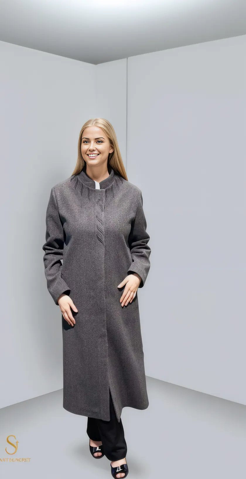 Sophisticated Model 1016 long coat in gray, perfect for women’s winter fashion and cold weather protection.