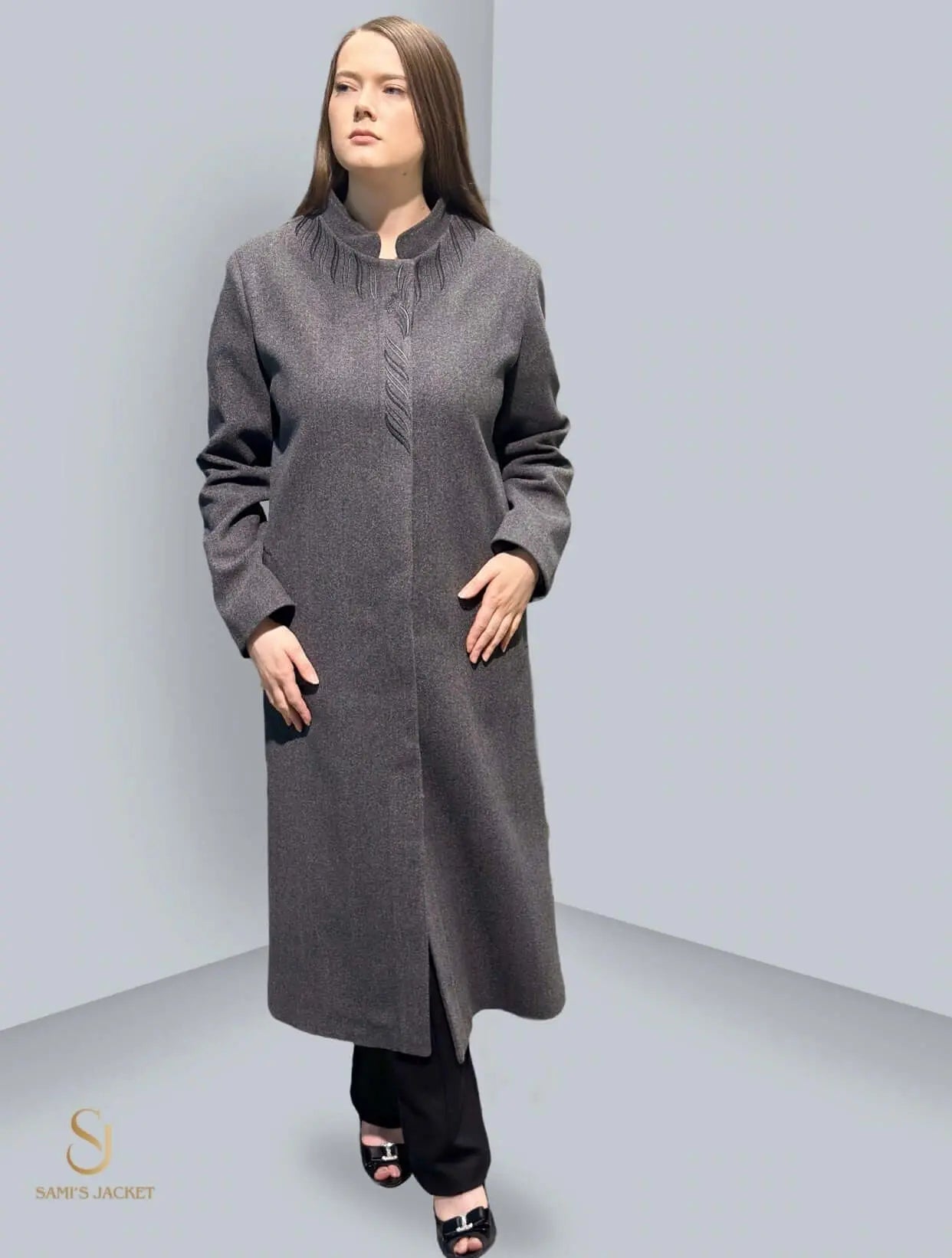 Sophisticated Model 1016 long coat in gray, perfect for women’s winter fashion and cold weather protection.