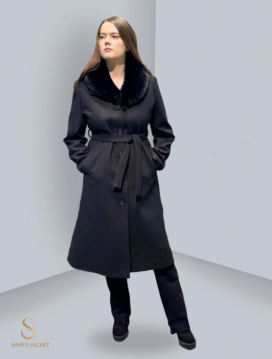 Model 1009 stylish women's winter jacket with a faux fur collar, perfect for casual and formal occasions.