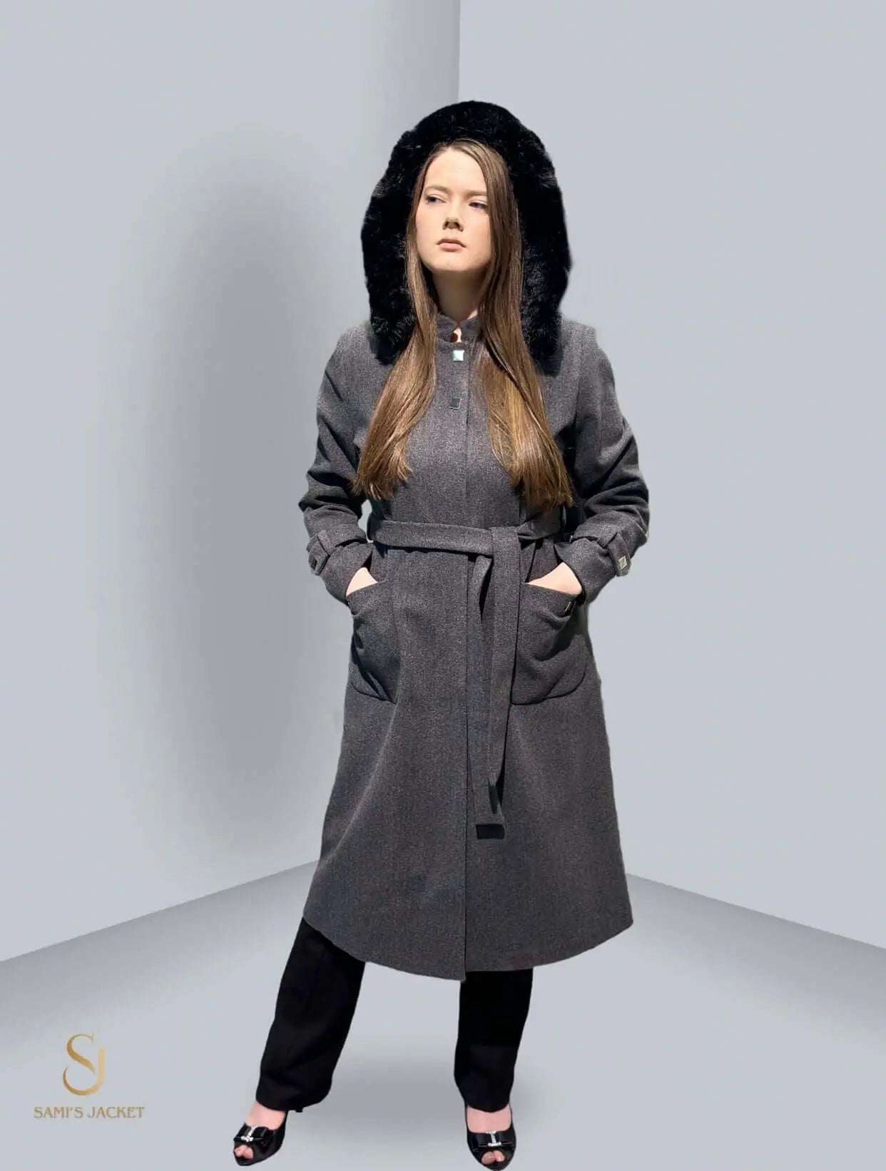 Model 1013 stylish hooded winter jacket for women, perfect for layering in cold weather with tailored fit and comfort.