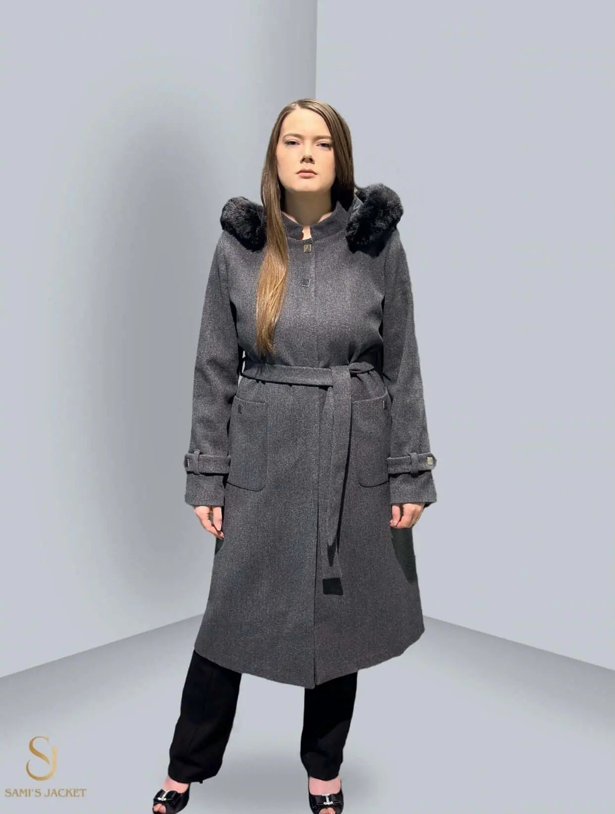 Stylish gray women's winter jacket with faux fur hood, featuring a belted waist, perfect for cold weather layering.