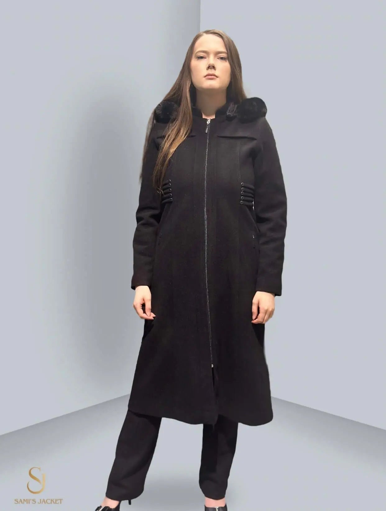 Stylish black winter jacket for women, featuring a hood and tailored fit, perfect for cold weather layering and casual outings.