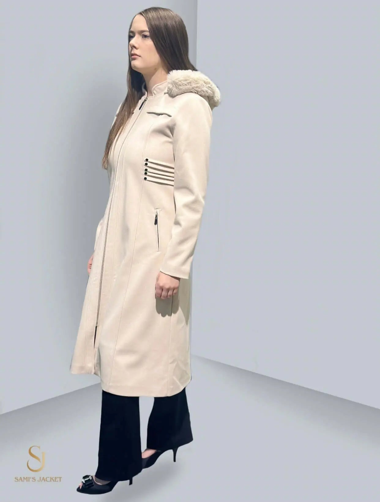 Stylish long winter jacket for women with fur hood, perfect for cold weather and fashionable outings.