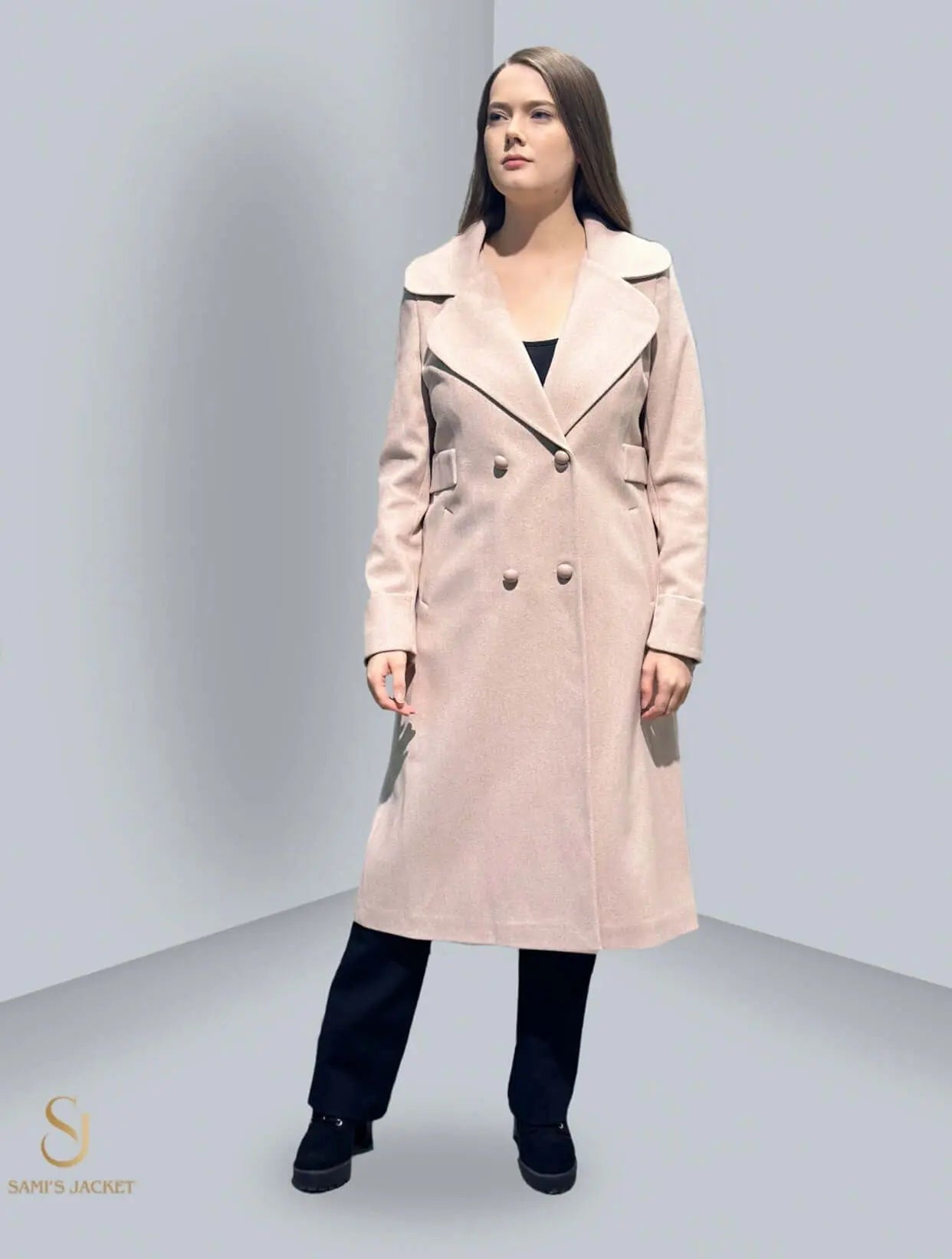 Elegant woman wearing a stylish long beige winter coat, perfect for casual or formal winter outings.