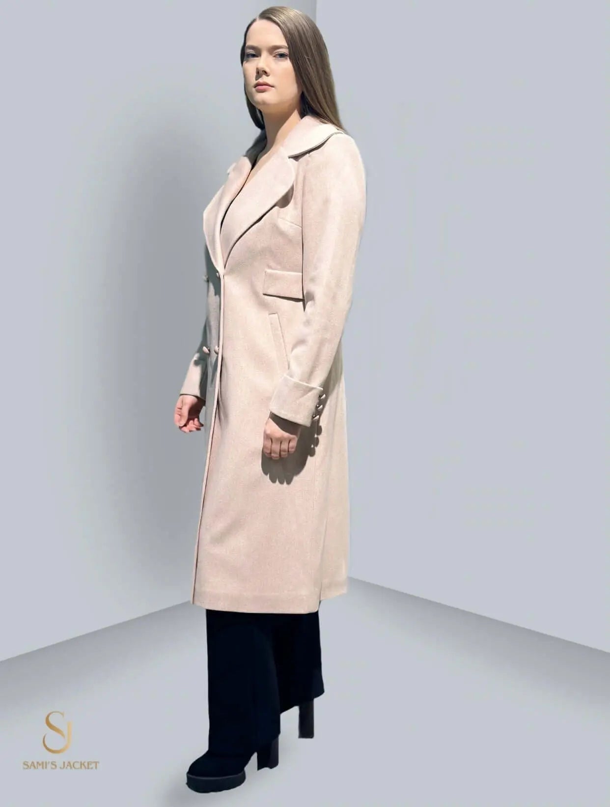 Stylish beige winter coat for women, perfect for casual and formal outings, showcasing a tailored fit and modern design.