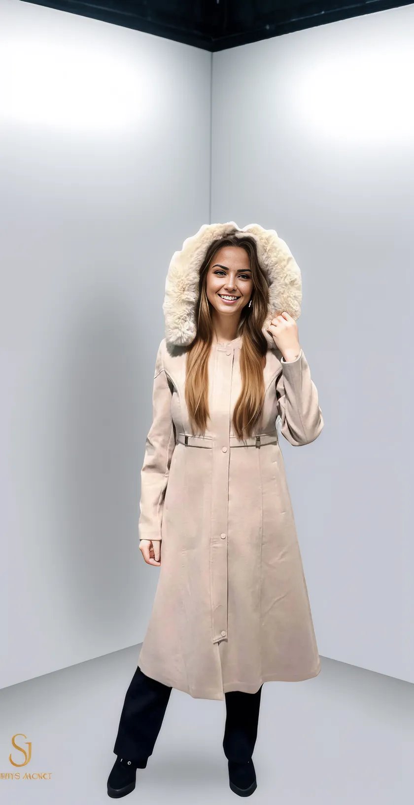 Stylish winter coat for women with fur-lined hood, perfect for cold weather and casual or formal outings.