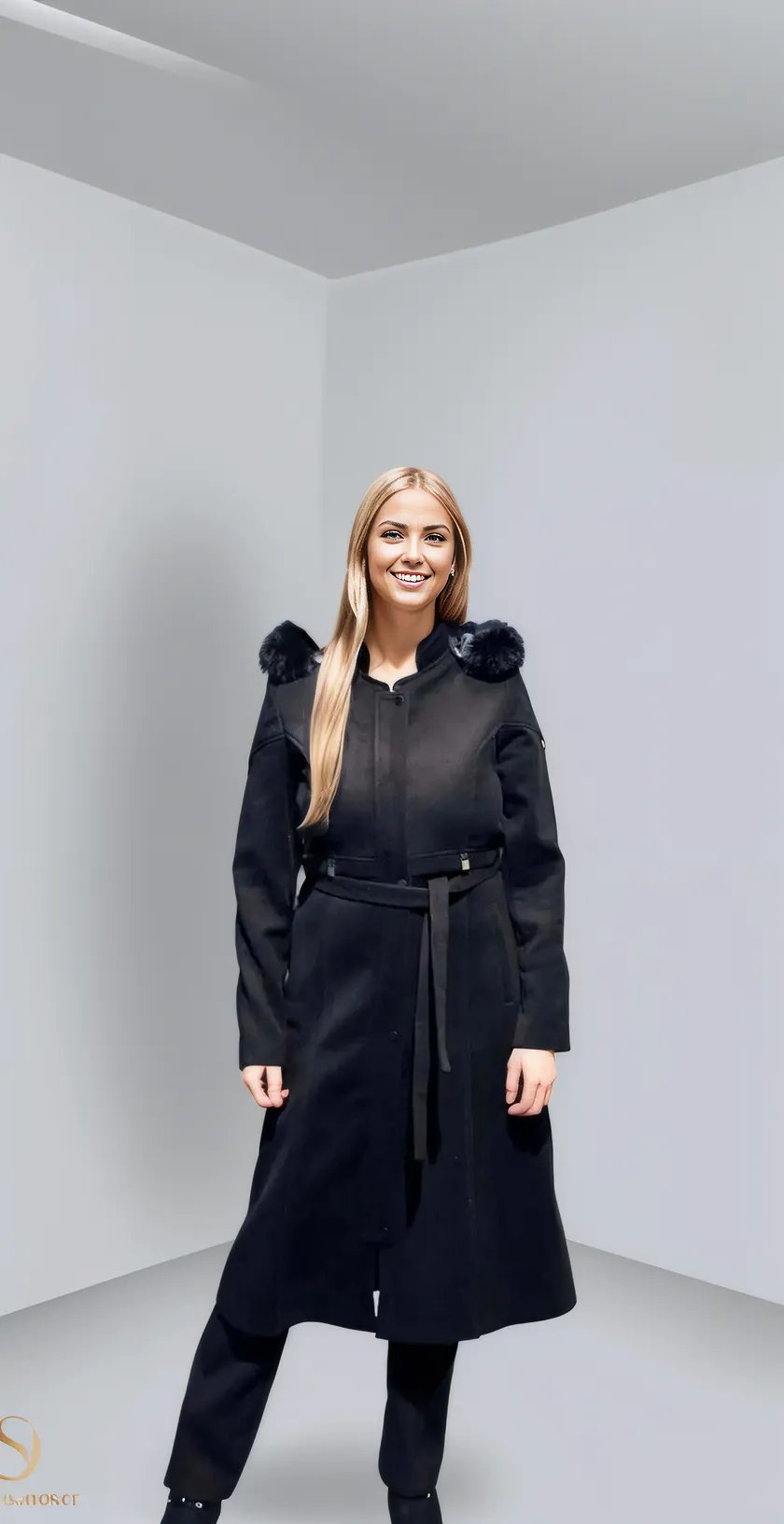 Elegant woman wearing Model 1019 black winter coat with stylish fur accents, perfect for cold-season layering.