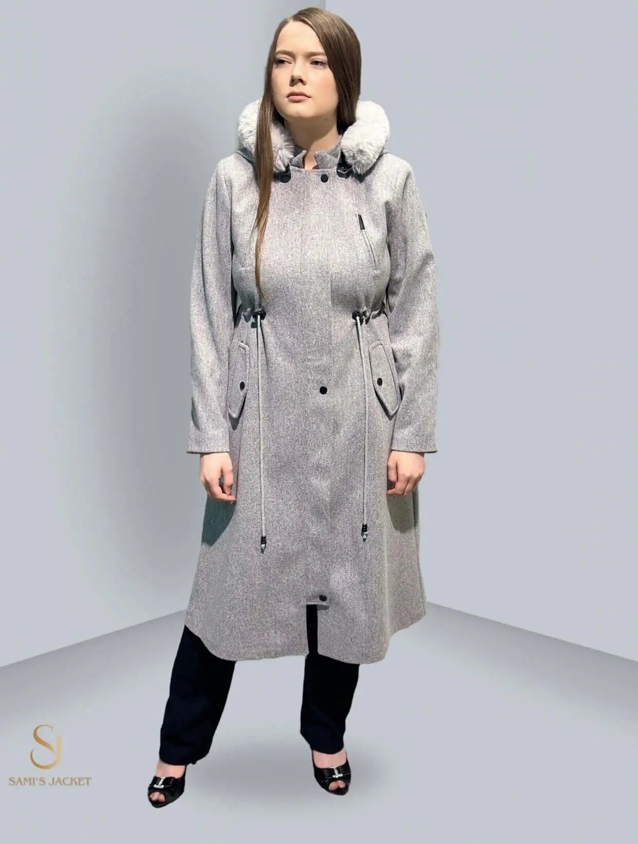 Stylish grey winter jacket for women featuring a fur-lined hood, perfect for casual and formal occasions.