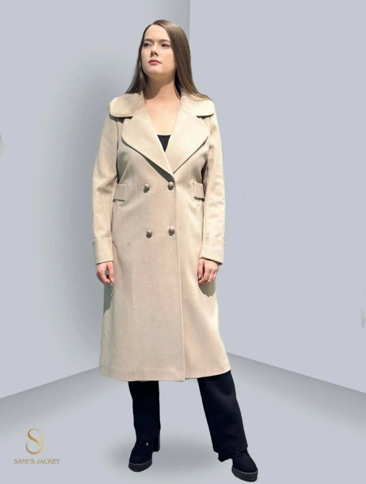 Stylish long beige winter coat for women, perfect for casual outings and formal events, showcasing a tailored fit and modern design.