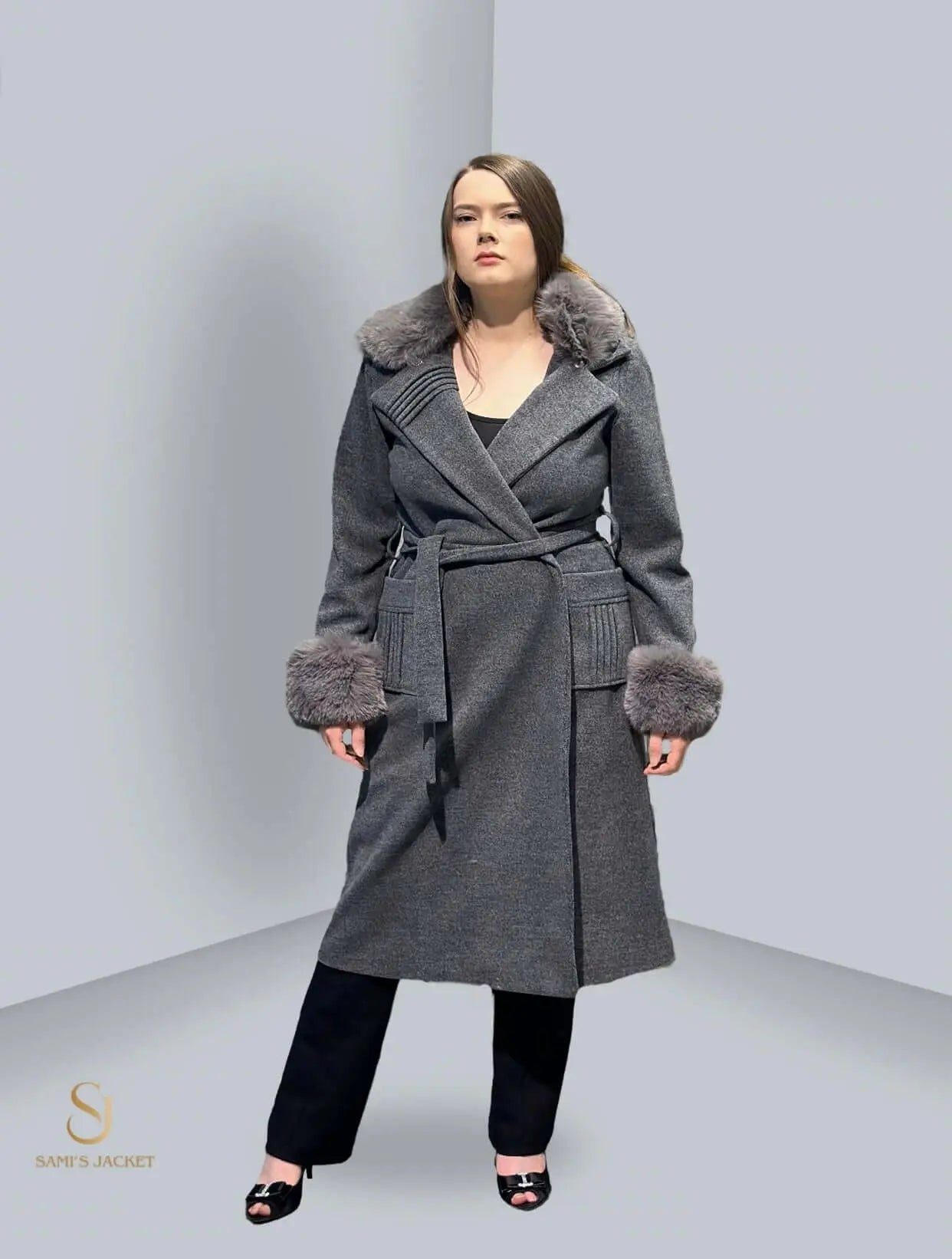 Stylish gray women's winter jacket with fur collar and cuffs, perfect for casual or formal occasions.