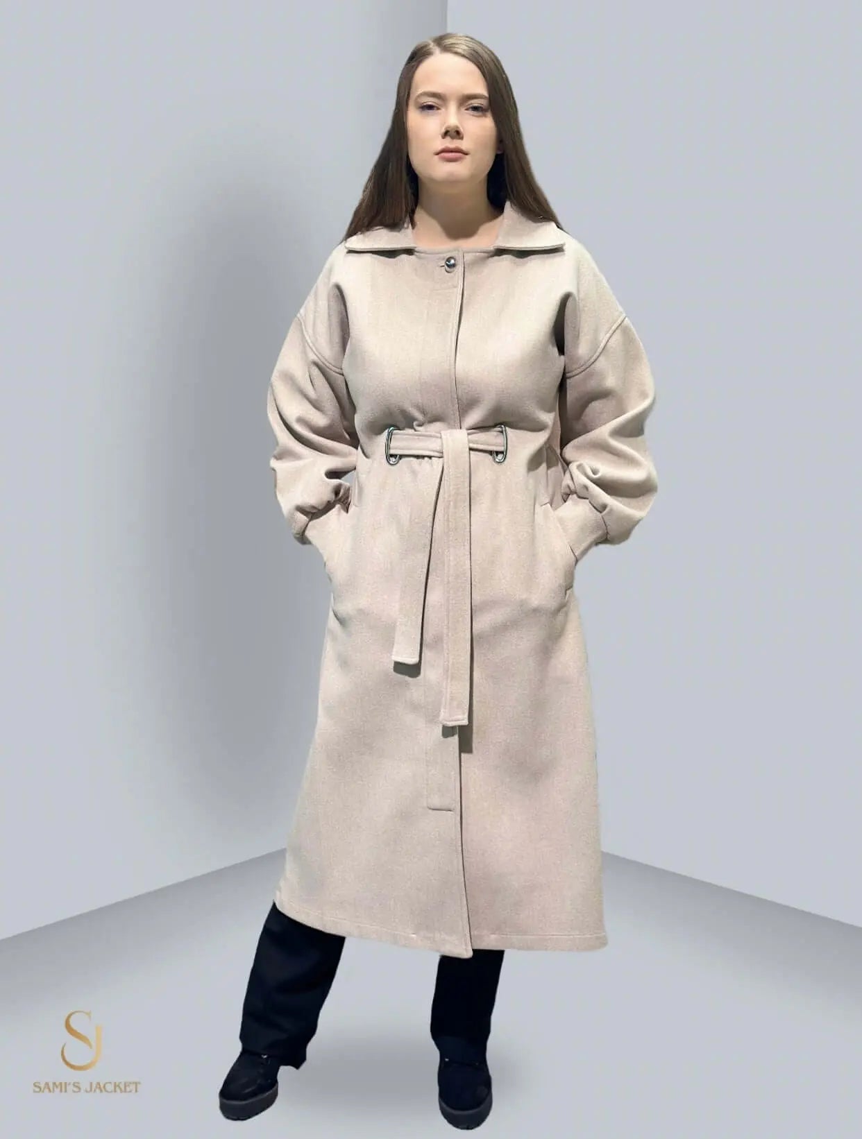 Model 1030 winter coat, stylish long coat for women, featuring a belted waist and elegant design. Perfect for cold weather.