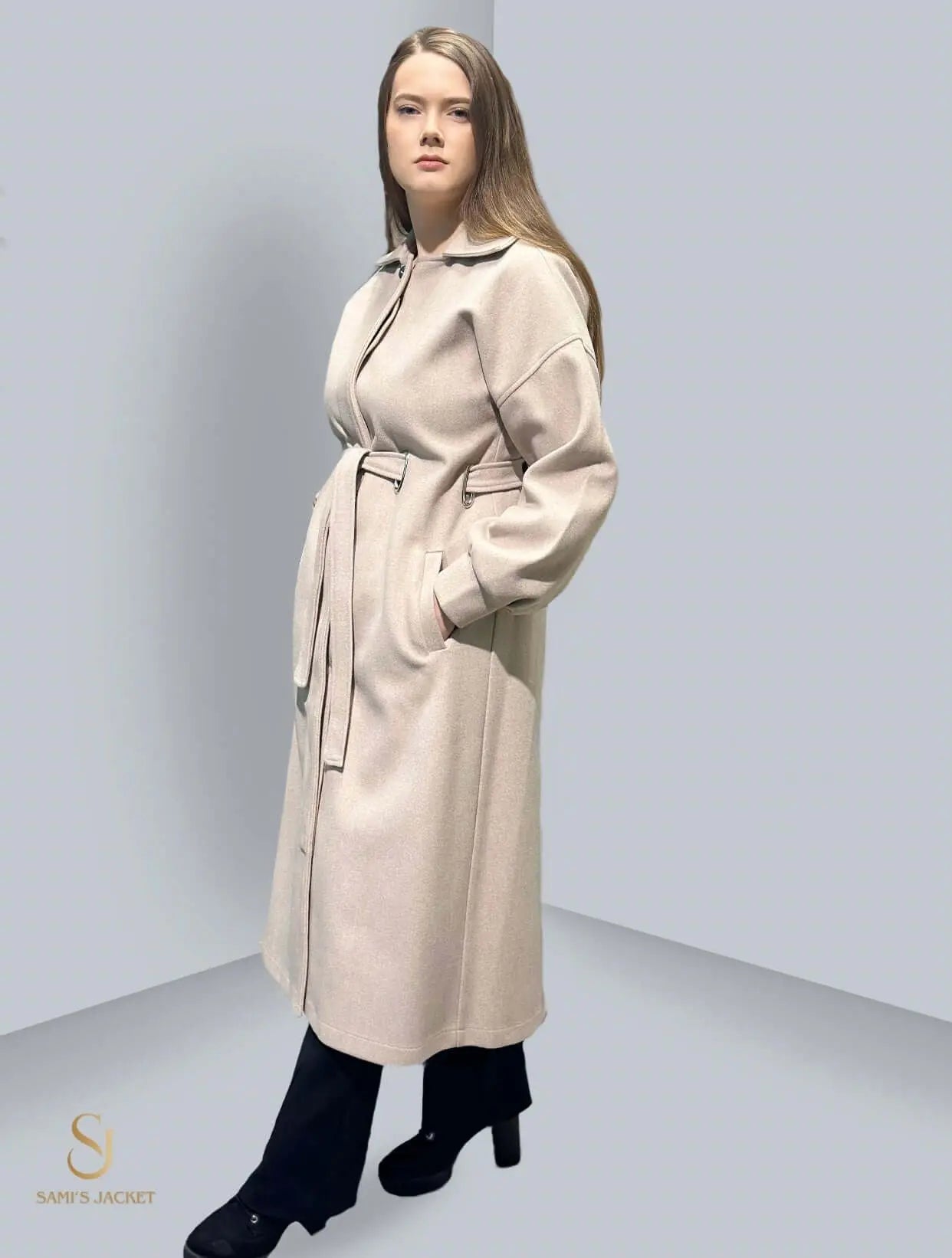 Elegant long winter coat for women featuring a belted design, perfect for stylish winter outfits.