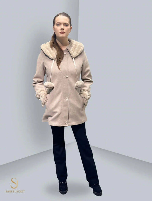 Stylish woman in a beige winter jacket with a fur hood, showcasing modern fashion and warmth for women.