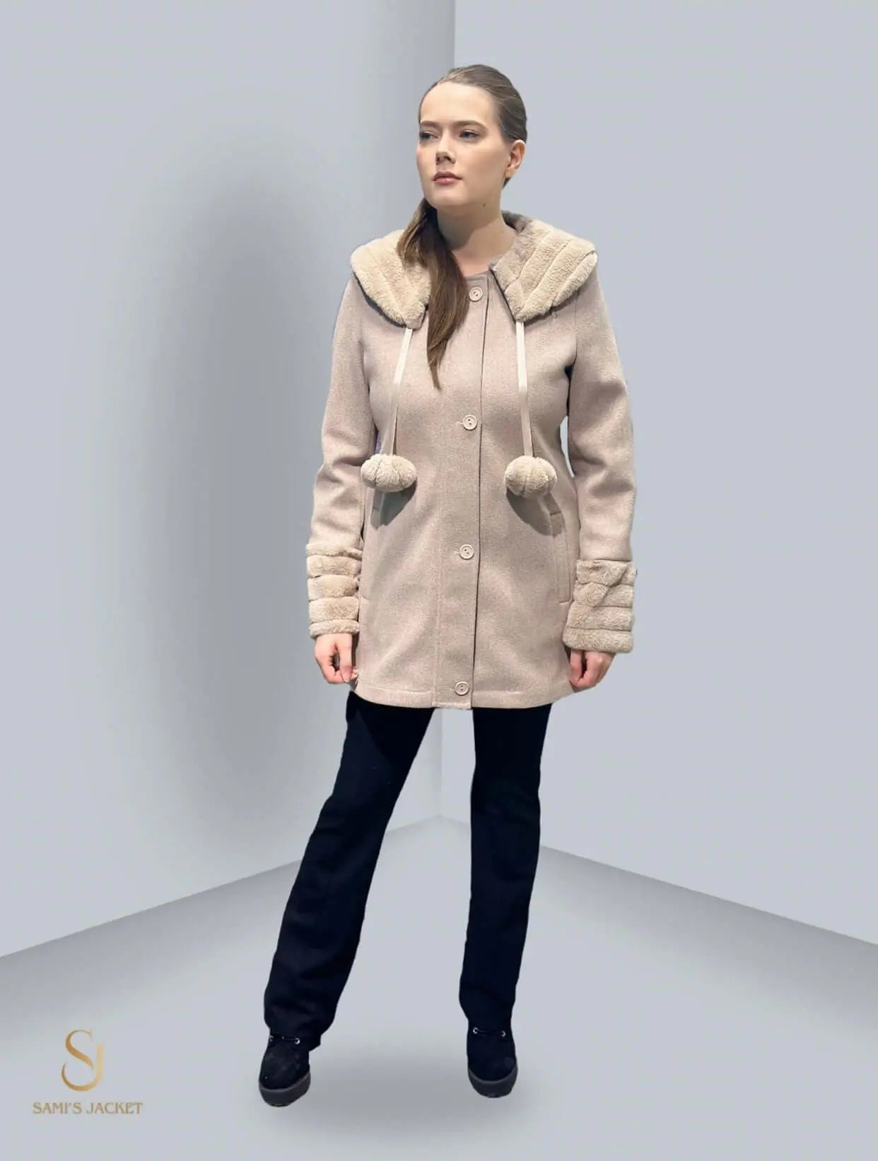 Model 1029 stylish winter jacket with a cozy hood and pom-poms, showcasing modern design and practicality for women.