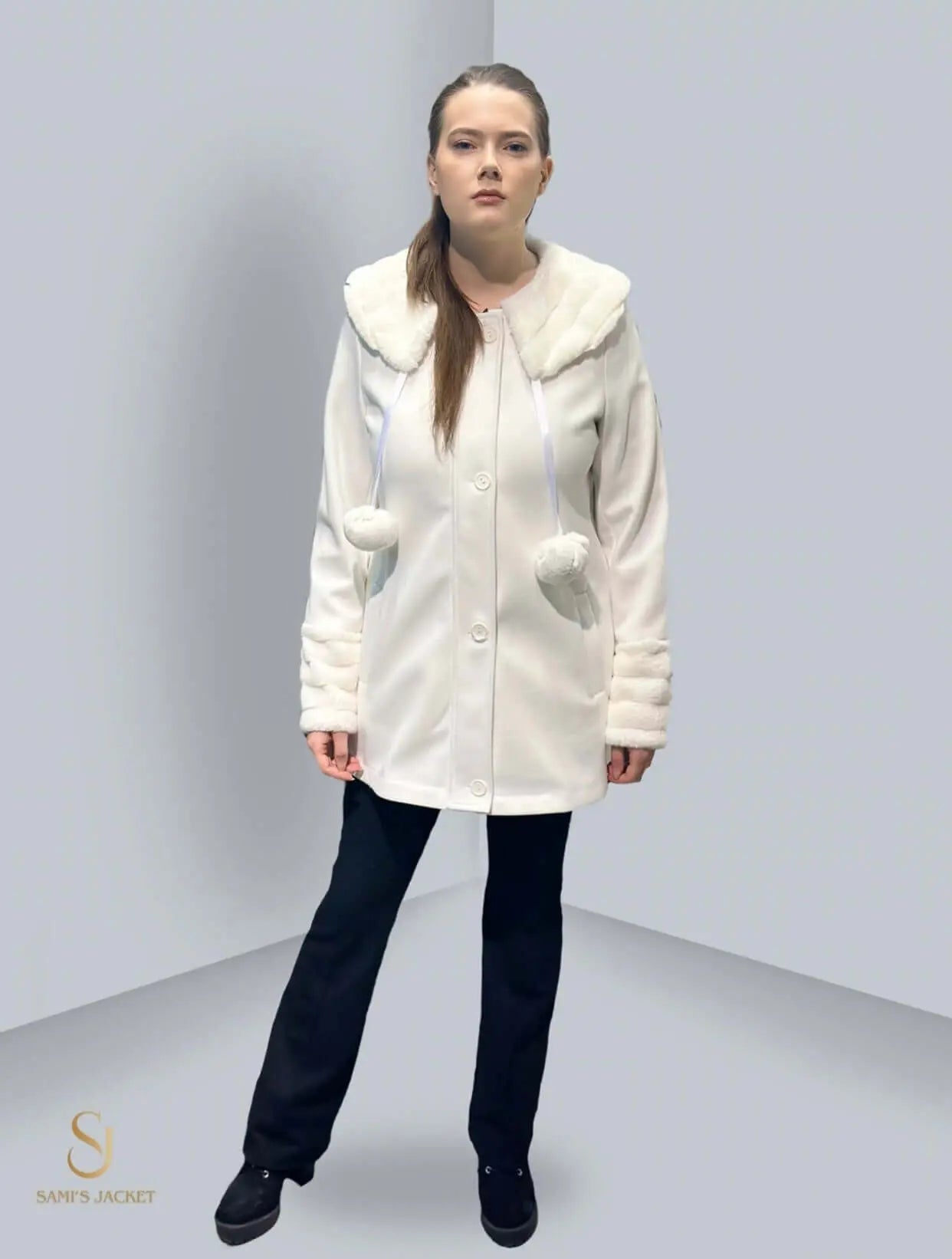 Model 1029 stylish women's winter jacket with faux fur hood, perfect for casual and formal occasions.