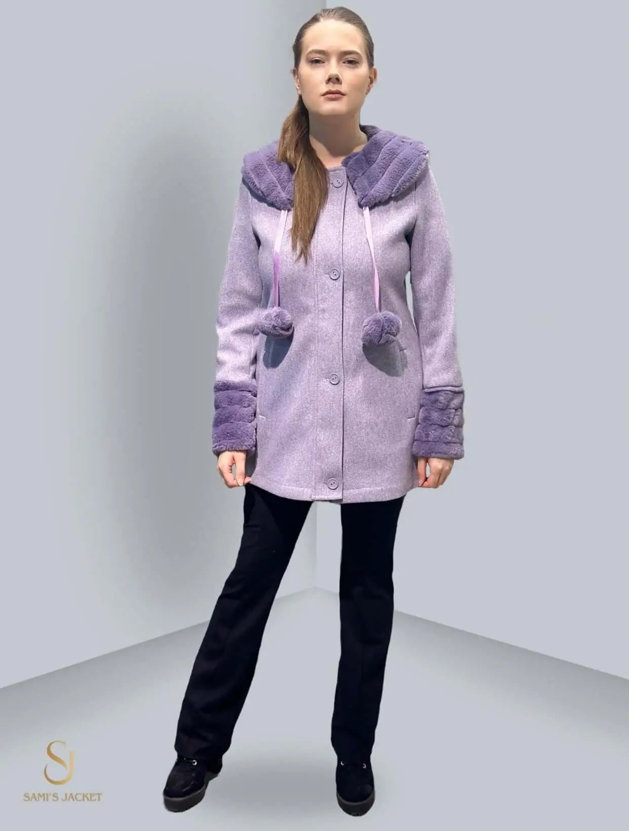 Stylish woman wearing a lavender hooded jacket with pom-pom details, perfect for winter fashion and practicality.