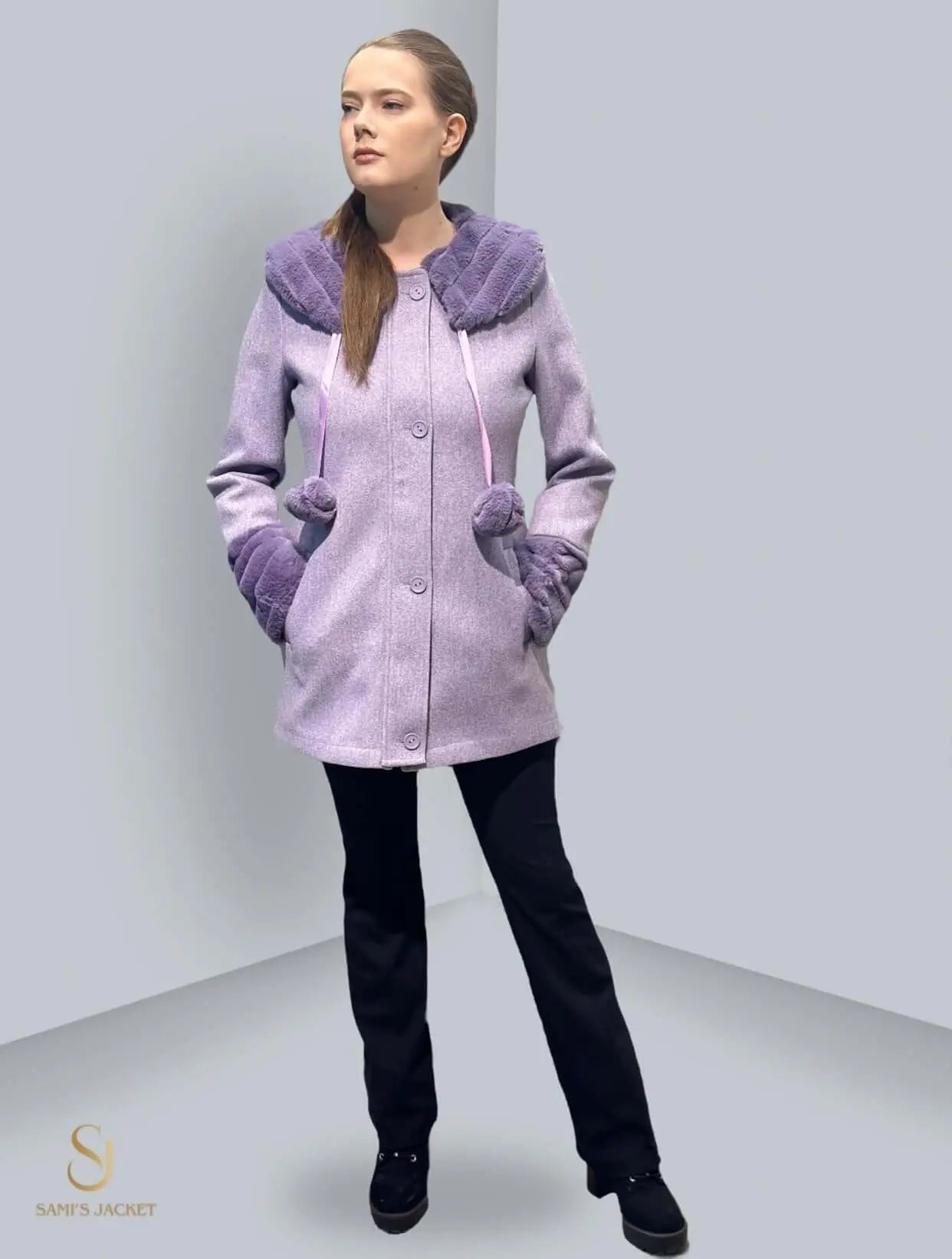 Stylish woman wearing a purple winter jacket with a cozy hood, perfect for casual and formal occasions.