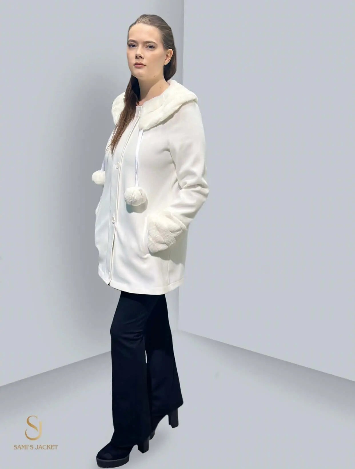 Stylish woman wearing Model 1029 white jacket with fur hood, perfect for winter fashion and practical for any occasion.