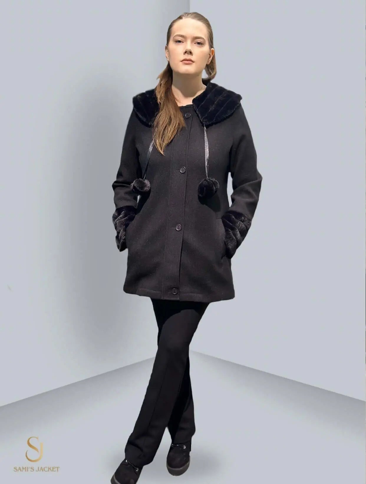 Model 1029 stylish black winter jacket with fur hood, perfect for women seeking fashionable warmth.