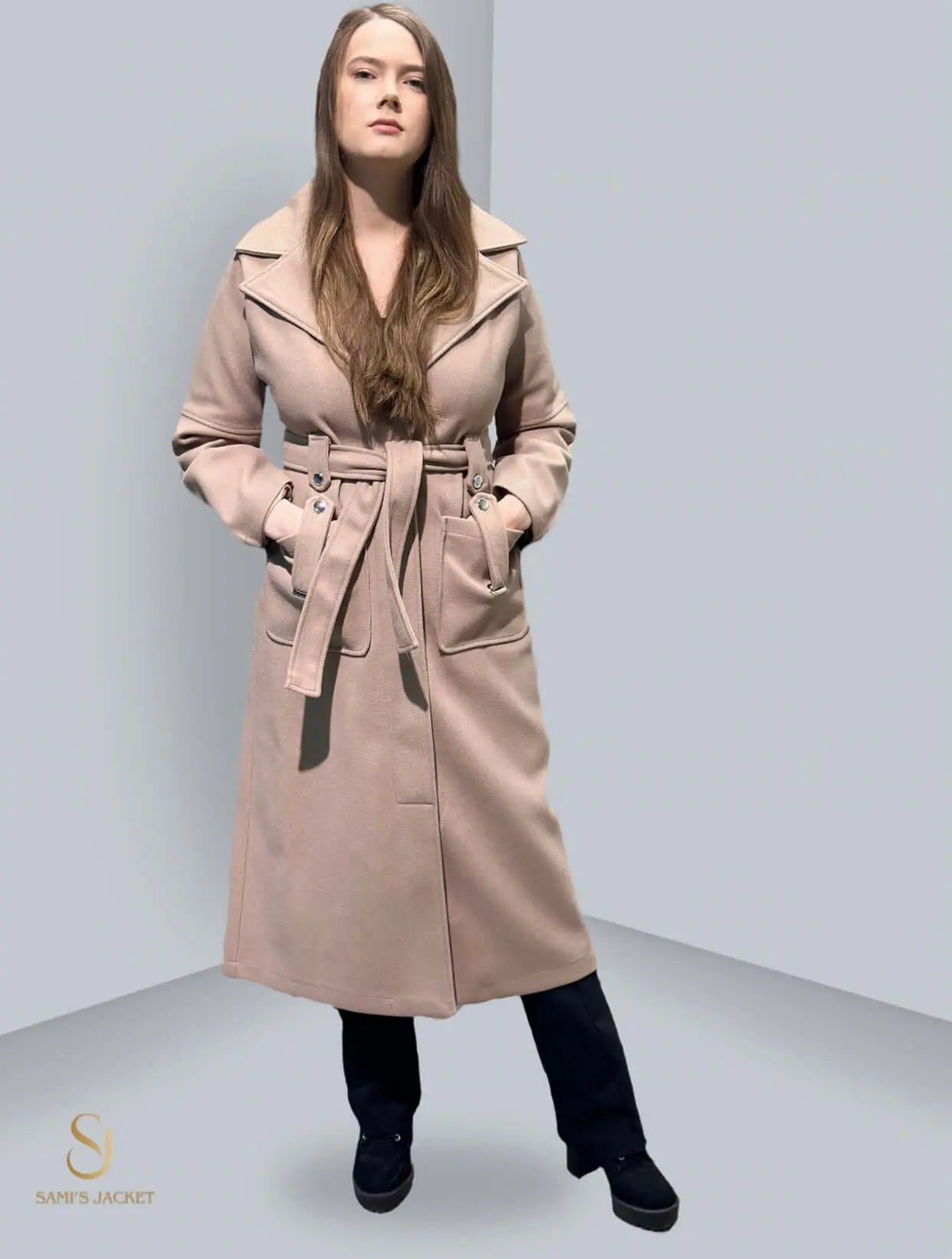 Stylish long winter coat in beige, perfect for women, featuring a belted waist and elegant design for cold weather fashion.