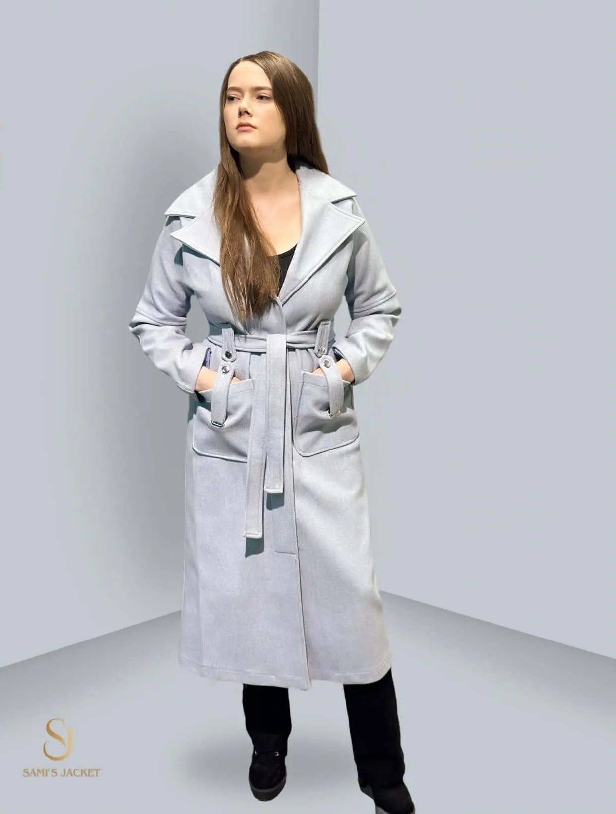 Stylish long winter coat featuring a belted design, perfect for women's winter fashion and warmth. Ideal for various occasions.