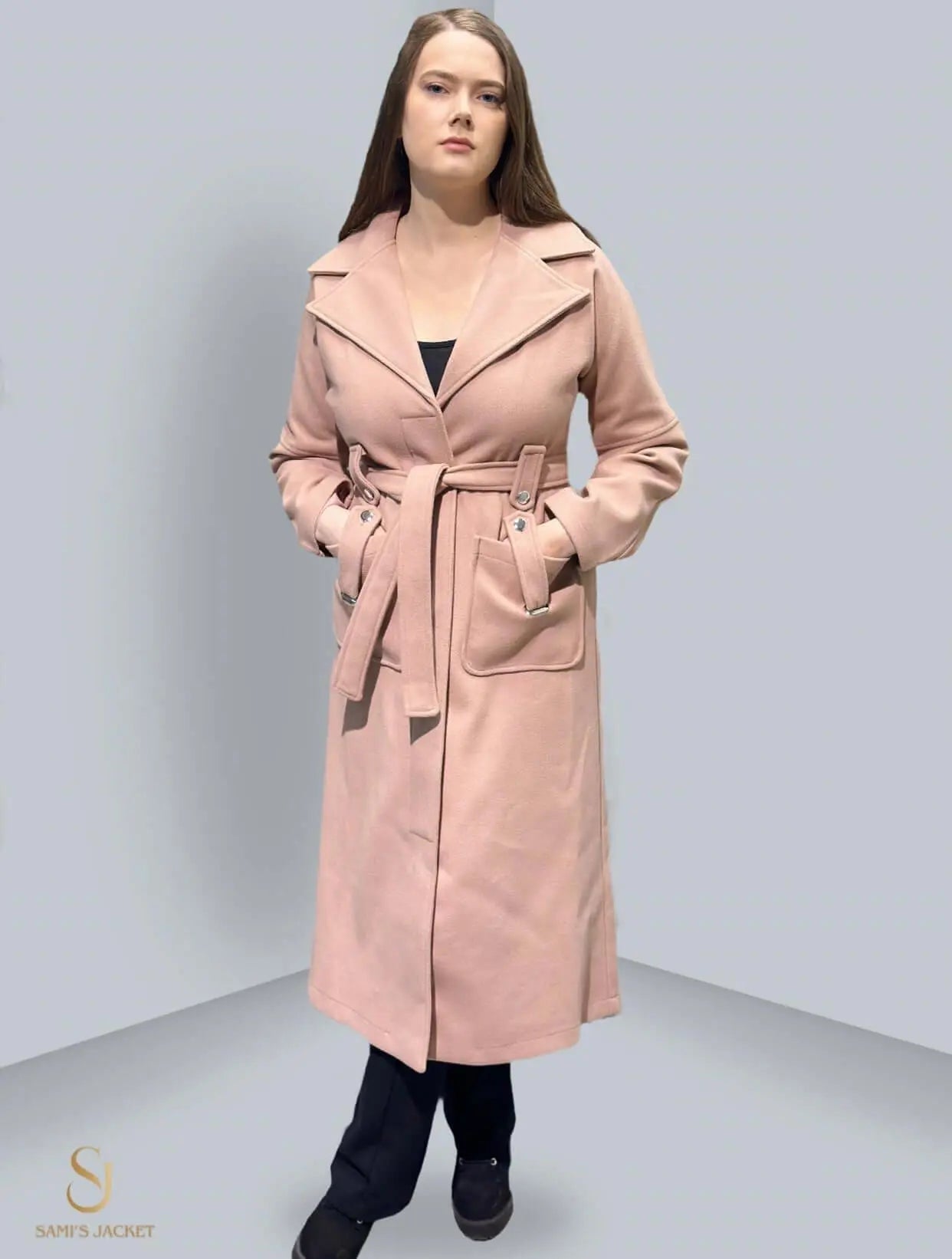 Stylish pink winter coat for women, featuring a tie belt and chic silhouette, perfect for cold weather fashion.