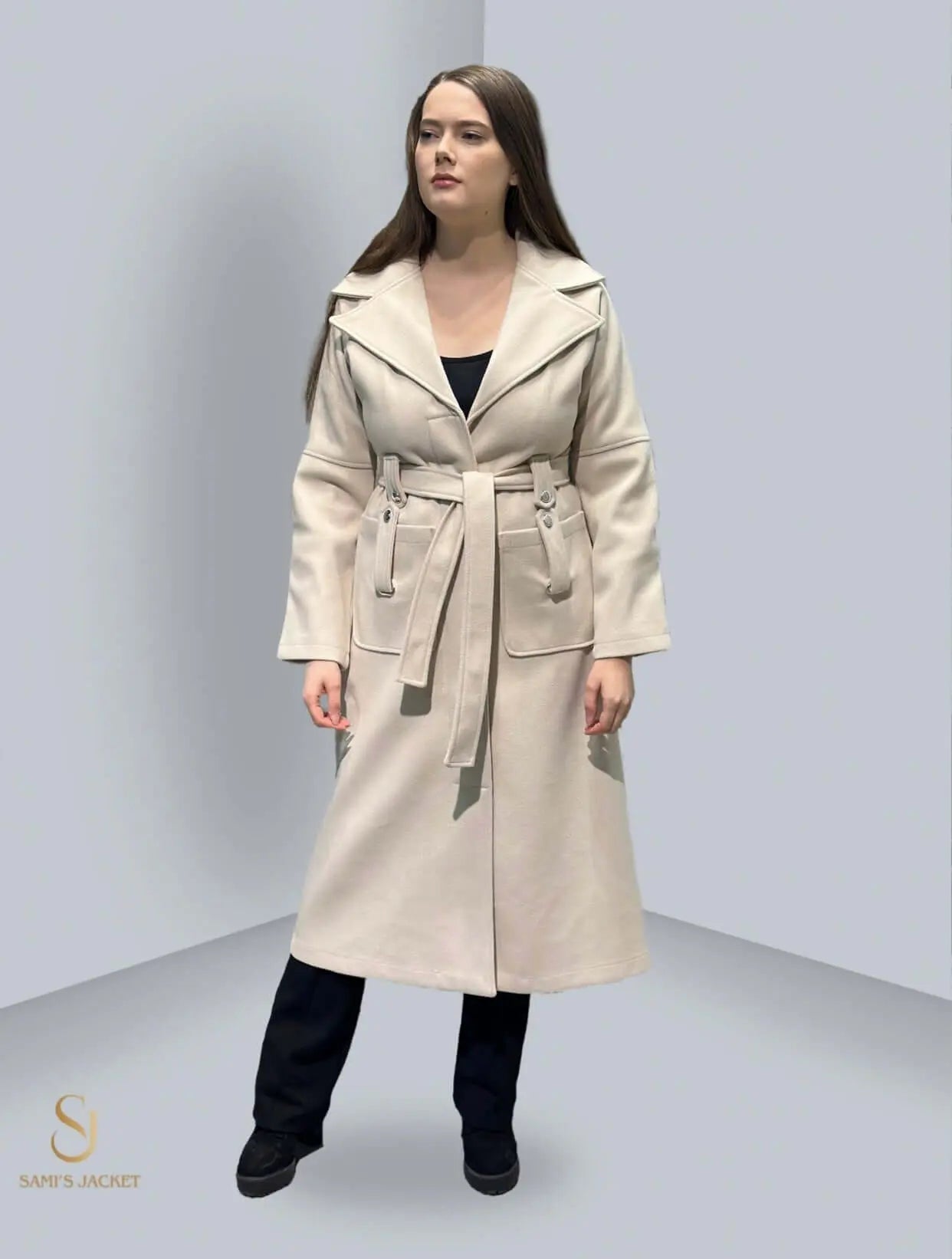 Model 1034 stylish winter coat for women, featuring a flattering belt design and luxurious texture, ideal for formal occasions.