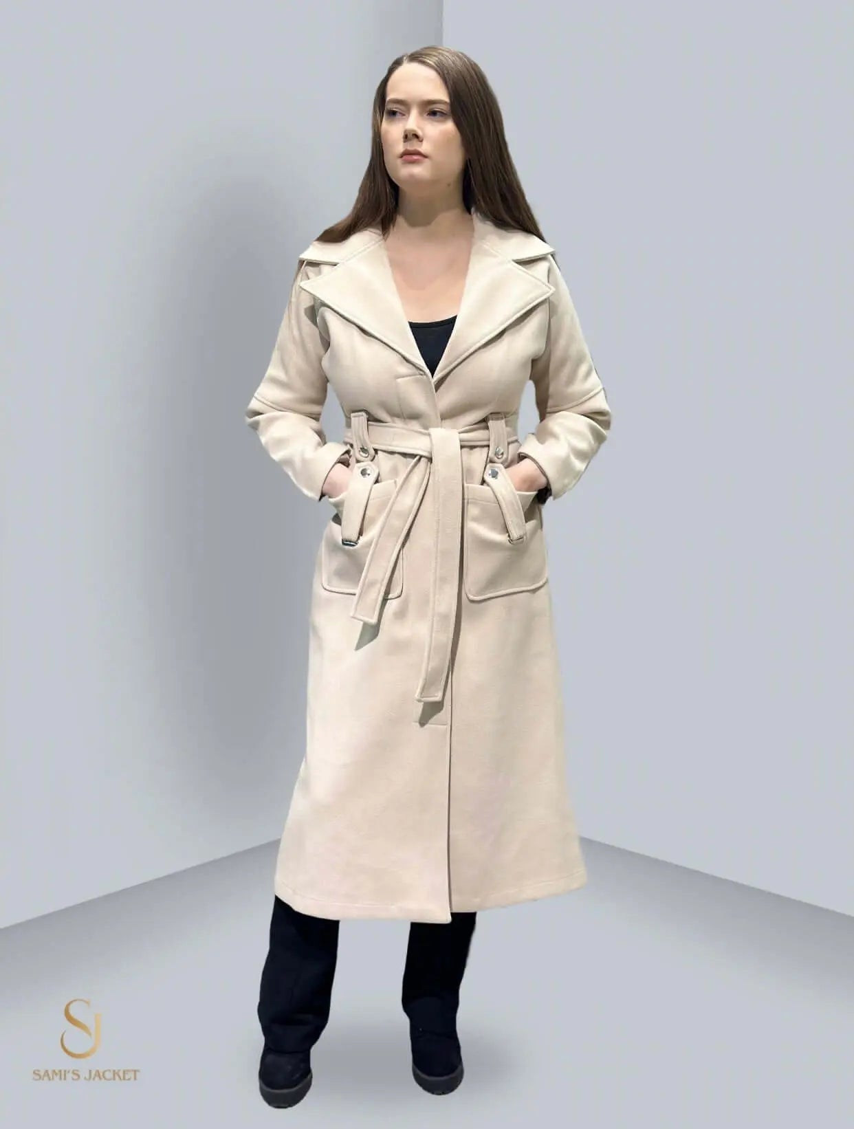 Stylish beige winter coat for women, perfect for formal occasions and everyday wear, featuring a belted silhouette.