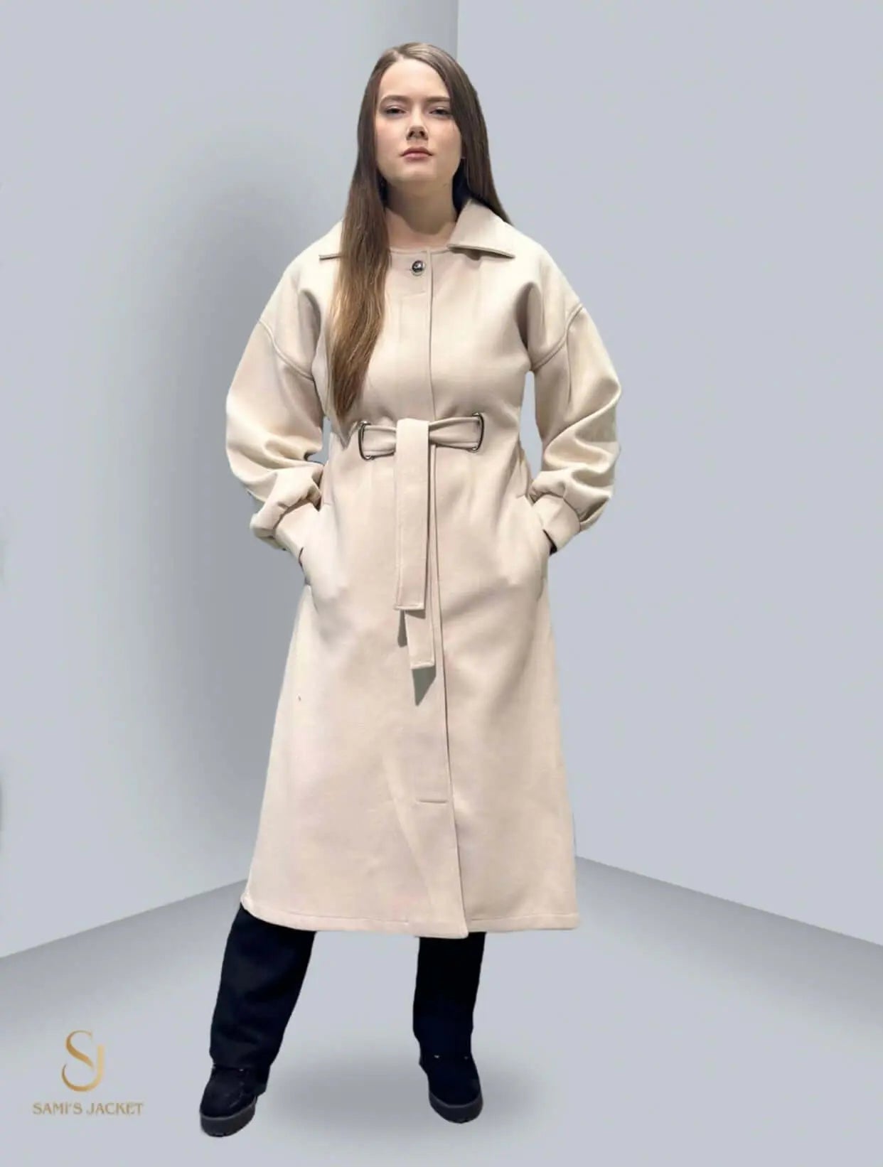 Elegant beige long coat with belt, perfect for women’s winter fashion and stylish outerwear.