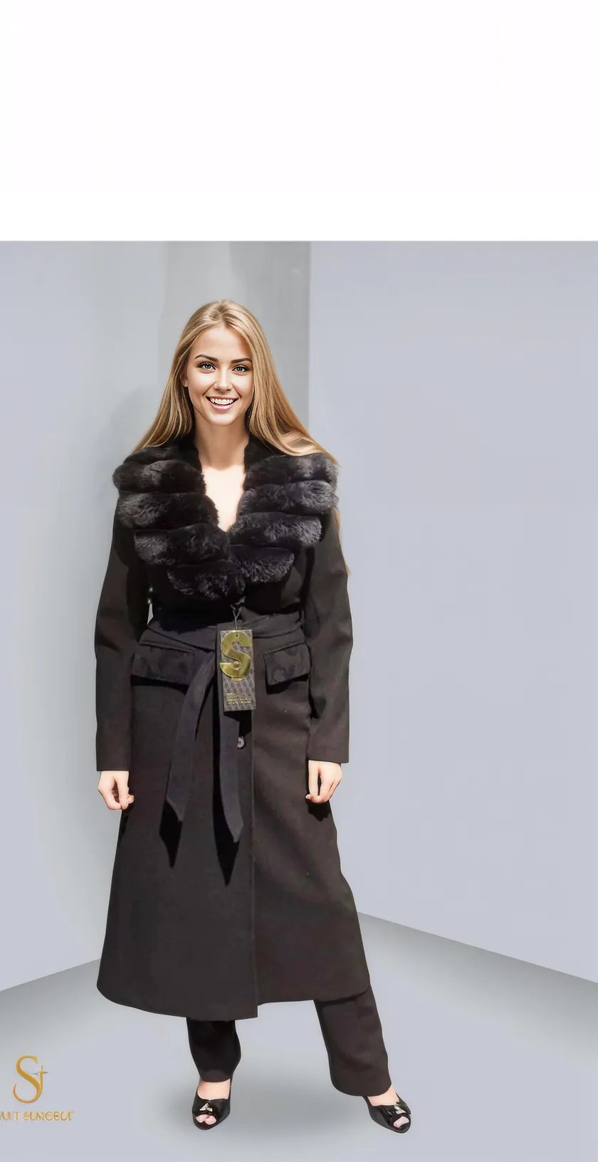 Elegant long black coat with a fur collar, perfect for women's winter fashion and warmth. Ideal for stylish and practical winter wear.