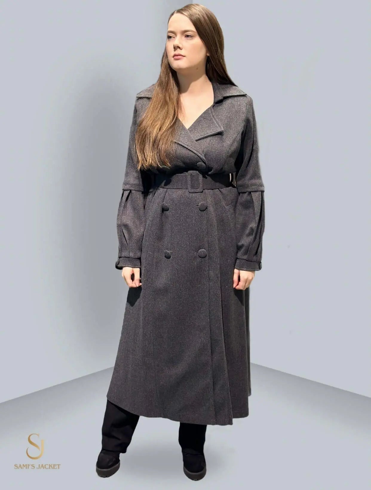 Model 1031 stylish long winter coat for women, showcasing elegant design and warm fabric blend. Perfect for cold weather outfits.