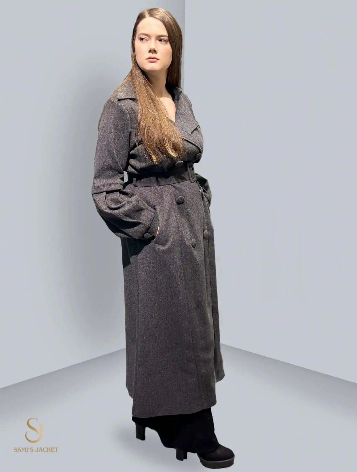 Stylish woman in a long gray winter coat, perfect for modern women's winter fashion.