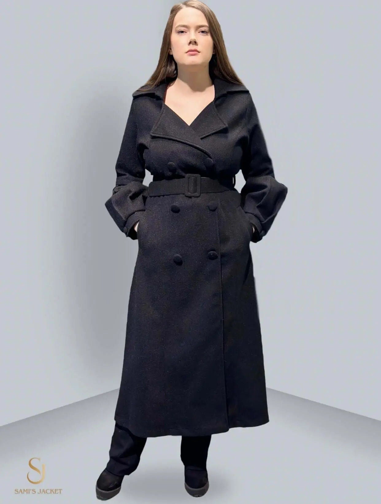 Stylish long winter coat for women, designed with a belted waist and elegant silhouette, ideal for chilly weather.